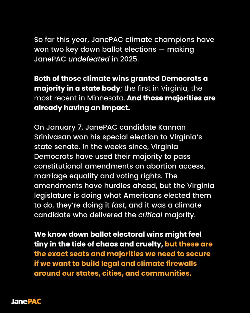 With 100k seats up for grabs, we have the power to use down ballot elections to build firewalls that defend against the chaos unfolding in Washington, D.C.

We're coming for every single seat with a role to play in saving our 🌎, and we're going to win — janepac.com/undefeated-so-….