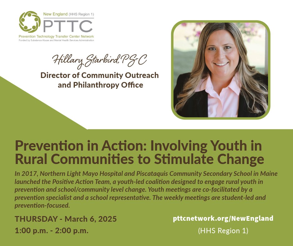 Join us on March 6, 2025, at 1:00 pm for a webinar Prevention In Action: Involving Youth in Rural Communities to Stimulate Change.

REGISTER: pttcnetwork.org/event/preventi…