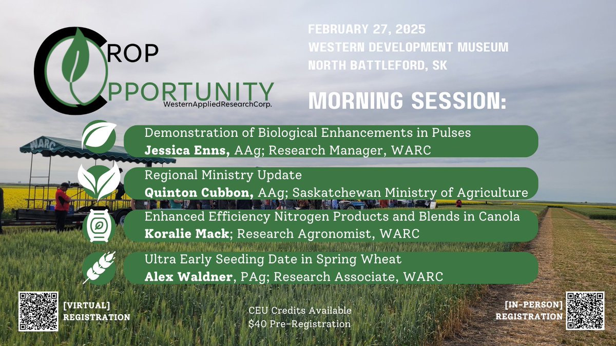 Don't forget to register! CROP OP is THURSDAY Feb 27 at the WDM in   North Battleford!
CEU Credits Available! Registration is $40

IN-PERSON REGISTRATION:
eventbrite.com/e/crop-opportu……

VIRTUAL REGISTRATION:
eventbrite.com/e/crop-opportu……