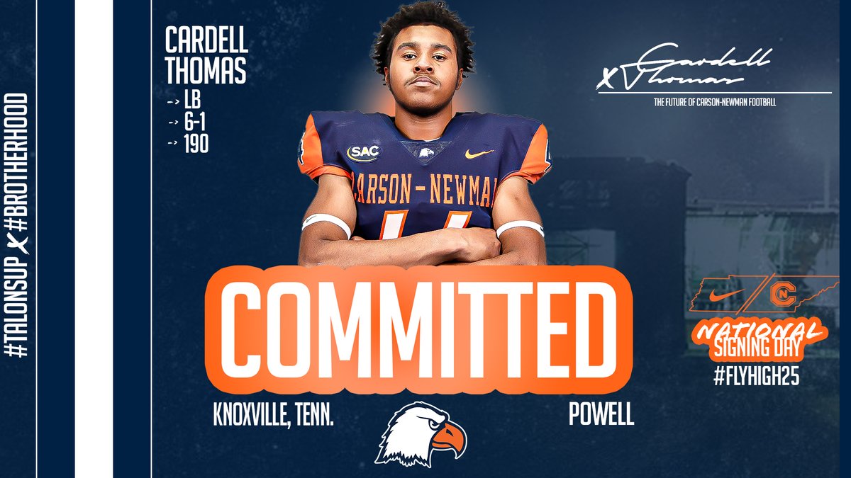 Carson-Newman Football (@cnfootball) on Twitter photo 🖋️ #️⃣4️⃣9️⃣
Cardell Thomas – LB – 6-1 -190 – Knoxville, Tenn. – Powell - <a href="/CardellThomas44/">Cardell Thomas</a>
📋 bit.ly/2025CNnsd
#CNNSD25 x #FlyHigh25 | #TalonsUp x <a href="/cnfootball/">Carson-Newman Football</a> x #Brotherhood 🖋️ #️⃣4️⃣9️⃣
Cardell Thomas – LB – 6-1 -190 – Knoxville, Tenn. – Powell - <a href="/CardellThomas44/">Cardell Thomas</a>
📋 bit.ly/2025CNnsd
#CNNSD25 x #FlyHigh25 | #TalonsUp x <a href="/cnfootball/">Carson-Newman Football</a> x #Brotherhood