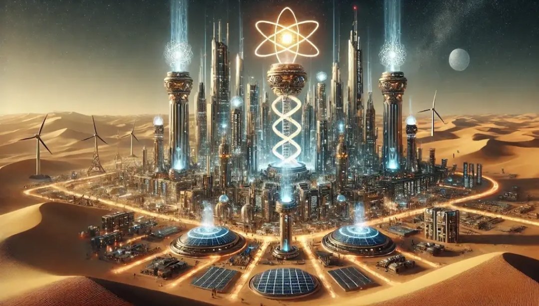 SAlienxandre's tweet image. Futuristic mega power city in the desert, powered by the Omnicore Hybrid Energy System