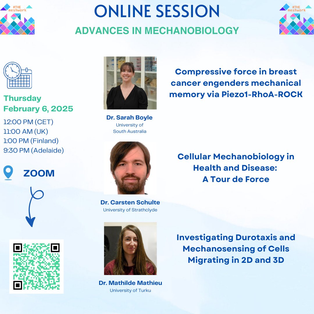 Haven't registered for "Advances in mechanobiology" yet? No problem!! We've got you covered!!!
Just scan the QR code below or head over our website: themeshwork2020.wixsite.com/info/up-coming…