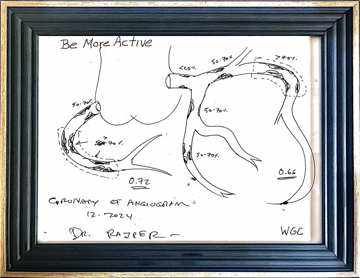 My patient framed and hung up a picture I drew of his heart blockages to inspire him to make the best heart-healthy choices every day.

Despite severe heart blockages, his symptoms are minimal, and he has reasonably chosen to treat his coronary artery disease without procedures