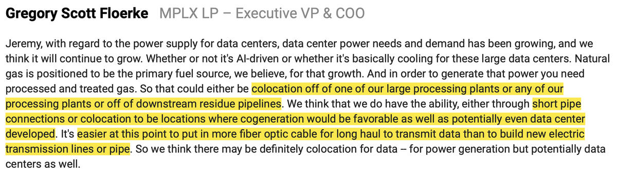 PMJar's tweet photo. Recent MLP commentary on infrastructure permitting:
"easier..to put in more fiber optic cable for long haul to transmit data than to build new electric transmission or pipe." $MPLX
"took over 5 yrs to get SPOT license..final submission was 30K pages..addressed 80K+ comments" $EPD https://t.co/KmbSCVs0rh