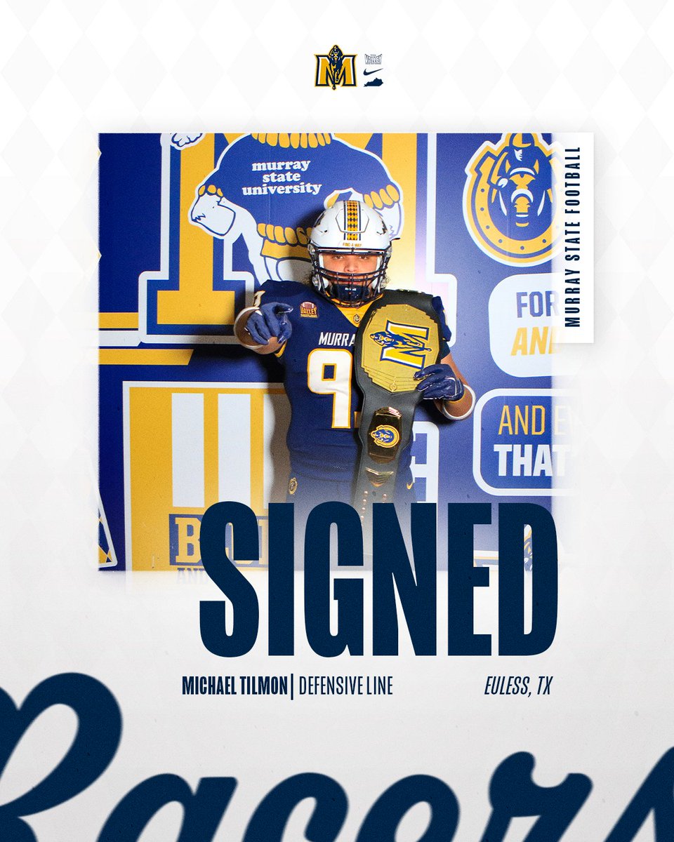 Murray State Football (@racersfootball) on Twitter photo 𝙒𝙚𝙡𝙘𝙤𝙢𝙚 𝙩𝙤 𝙩𝙝𝙚 𝙈𝙆𝙔 ✍️
🪪 <a href="/MichaelTilmon93/">Michael D Tilmon</a>
📏 6’2 // 275 lbs, Defensive Line
📍 Euless, TX
#GoRacers🏇 𝙒𝙚𝙡𝙘𝙤𝙢𝙚 𝙩𝙤 𝙩𝙝𝙚 𝙈𝙆𝙔 ✍️
🪪 <a href="/MichaelTilmon93/">Michael D Tilmon</a>
📏 6’2 // 275 lbs, Defensive Line
📍 Euless, TX
#GoRacers🏇