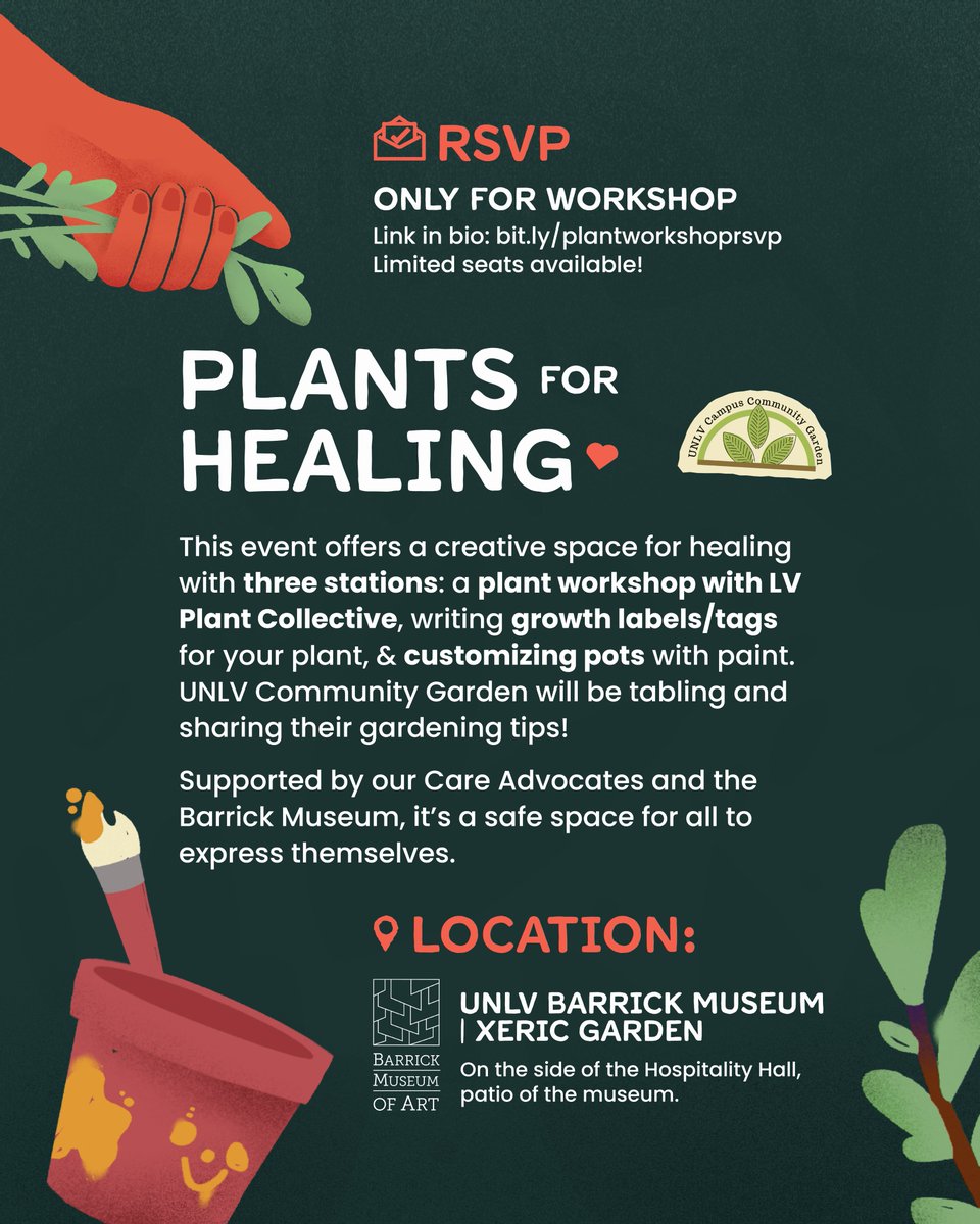 The Care Center (@carecenter_snv) on Twitter photo Join us for a healing event hosted by the Care Center, supported by the <a href="/UNLVMuseum/">UNLV Museum</a>! There are 3 stations: plant care workshop by LV Plant Collective, writing growth tags, and a painting pot session. 🌱🎨
📅 March 5
🕛 12 PM - 2 PM
📍 Xeric Garden
RSVP: bit.ly/plantworkshopr… Join us for a healing event hosted by the Care Center, supported by the <a href="/UNLVMuseum/">UNLV Museum</a>! There are 3 stations: plant care workshop by LV Plant Collective, writing growth tags, and a painting pot session. 🌱🎨
📅 March 5
🕛 12 PM - 2 PM
📍 Xeric Garden
RSVP: bit.ly/plantworkshopr…