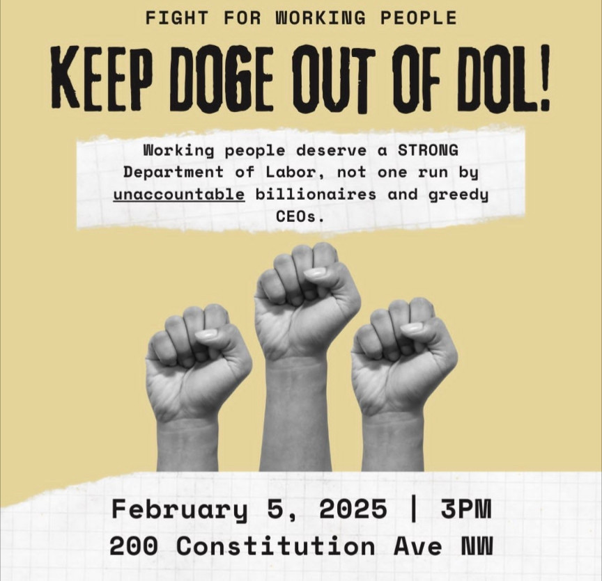 JenniferMayer's tweet image. Keep DOGE out of the DOL! Join the rally in DC today at 3pm.