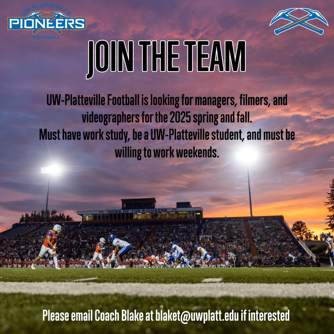 UW-Platteville Football (@uwplattfootball) on Twitter photo Attention Pioneer Nation!! 🚨
Looking for a job? We have opportunities for you! We hope to hear from you! ⛏️
Please contact Coach Blake at blaket@uwplatt.edu if interested Attention Pioneer Nation!! 🚨
Looking for a job? We have opportunities for you! We hope to hear from you! ⛏️
Please contact Coach Blake at blaket@uwplatt.edu if interested