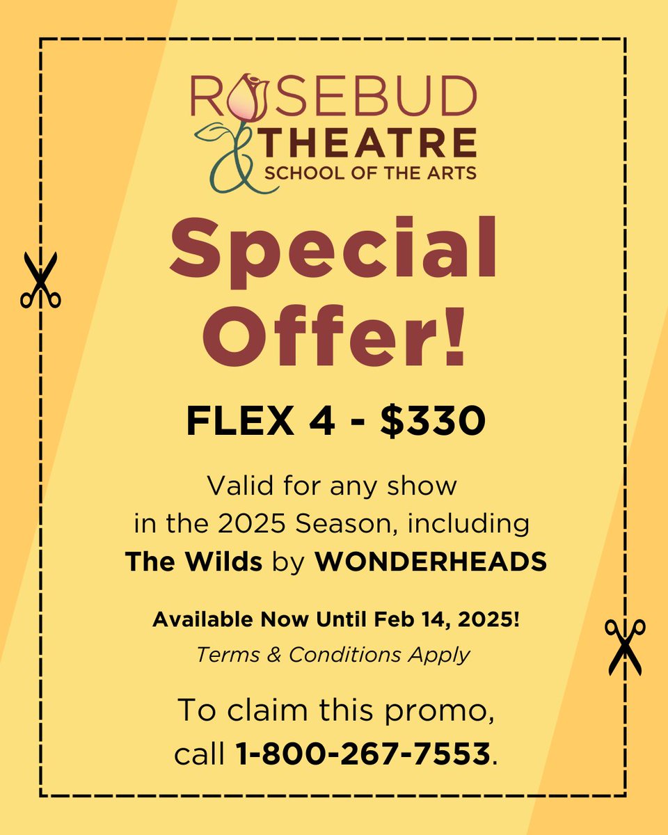 ❤️ Valentine’s Special ❤️

The Flex 4-Pack – 4 tickets for just $330 to Rosebud Theatre &amp; School of the Arts lets you plan ahead for unforgettable date nights through 2025.

On sale now through Feb 14 by calling 1-800-267-7553!

#ValentinesDay #rosebudtheatreandschoolofthearts