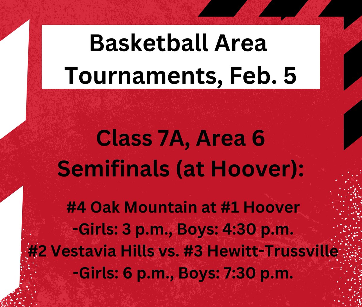 Buckle up. It's the biggest night of the basketball season.

Chelsea, Helena, Calera, Briarwood, Shelby County, Montevallo, Indian Springs and Vincent all play for area titles while Oak Mountain and Thompson play for Sweet 16 spots in the semifinals. Here are tonight's matchups: