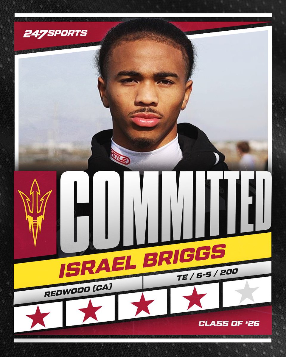 BrandonHuffman's tweet photo. Visalia (Calif.) Redwood 2026 four-star tight end Israel Briggs has committed to Arizona State. Big win for the Sun Devils and TE coach Jason Mohns, landing a top 100 recruit and their highest rated TE commitment in over 20 years. https://t.co/Vk1GjeC8Iw https://t.co/7yOaLCunLM