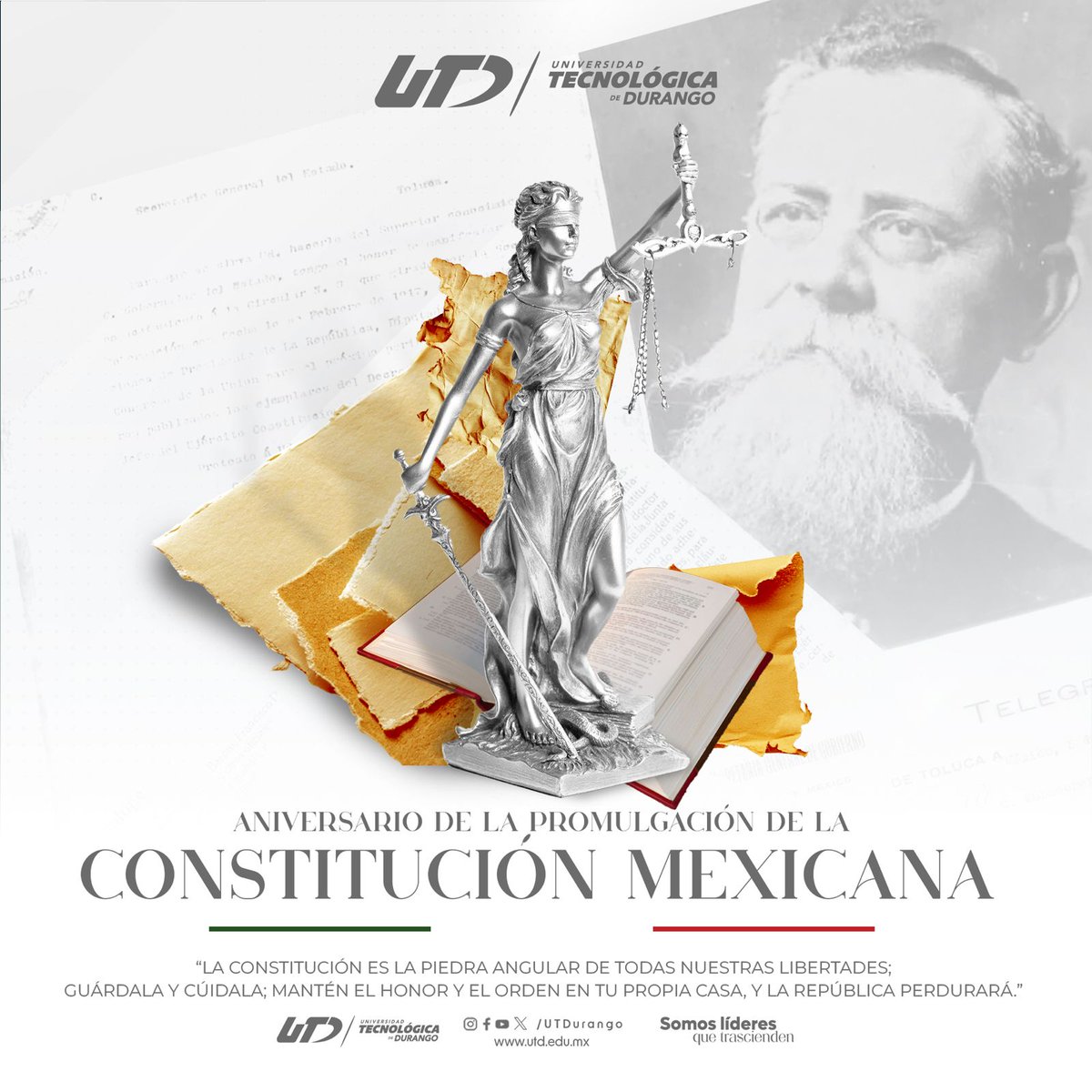 Hoy conmemoramos el Aniversario de la Promulgación de la Constitución Mexicana, un pilar fundamental de nuestra nación que guía nuestros derechos y libertades. 🇲🇽📜
🌟 Sigamos trabajando juntos como líderes que trascienden, construyendo un mejor futuro para todos.
#UTDurango #UTD