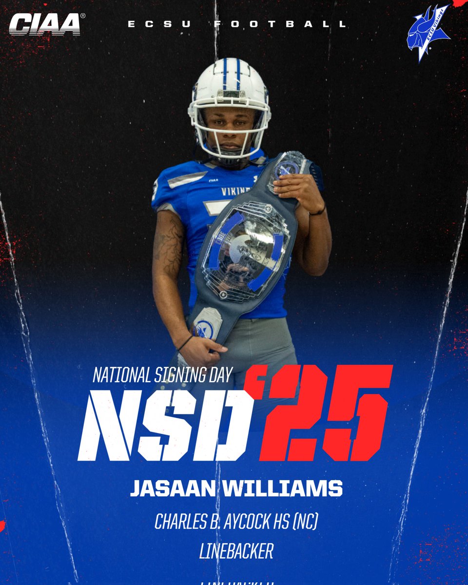 ECSUVikingFootball (@ecsuvikingfball) on Twitter photo Viking Family.... Let's welcome
Jasaan Williams
<a href="/JasaanW/">Jasaan Williams</a>
Linebacker
Charles B. Aycock, NC
Signed ๐
#VikingPride3x #CodeBlue #NSD25 Viking Family.... Let's welcome
Jasaan Williams
<a href="/JasaanW/">Jasaan Williams</a>
Linebacker
Charles B. Aycock, NC
Signed ๐
#VikingPride3x #CodeBlue #NSD25