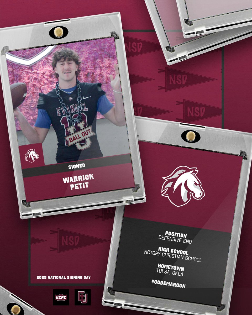 Welcome Warrick Petit to the Evangel Family! ✍️

🏈: Defensive End
🏫: Victory Christian School
📍: Tulsa, Okla.

#CodeMaroon // #NSD25