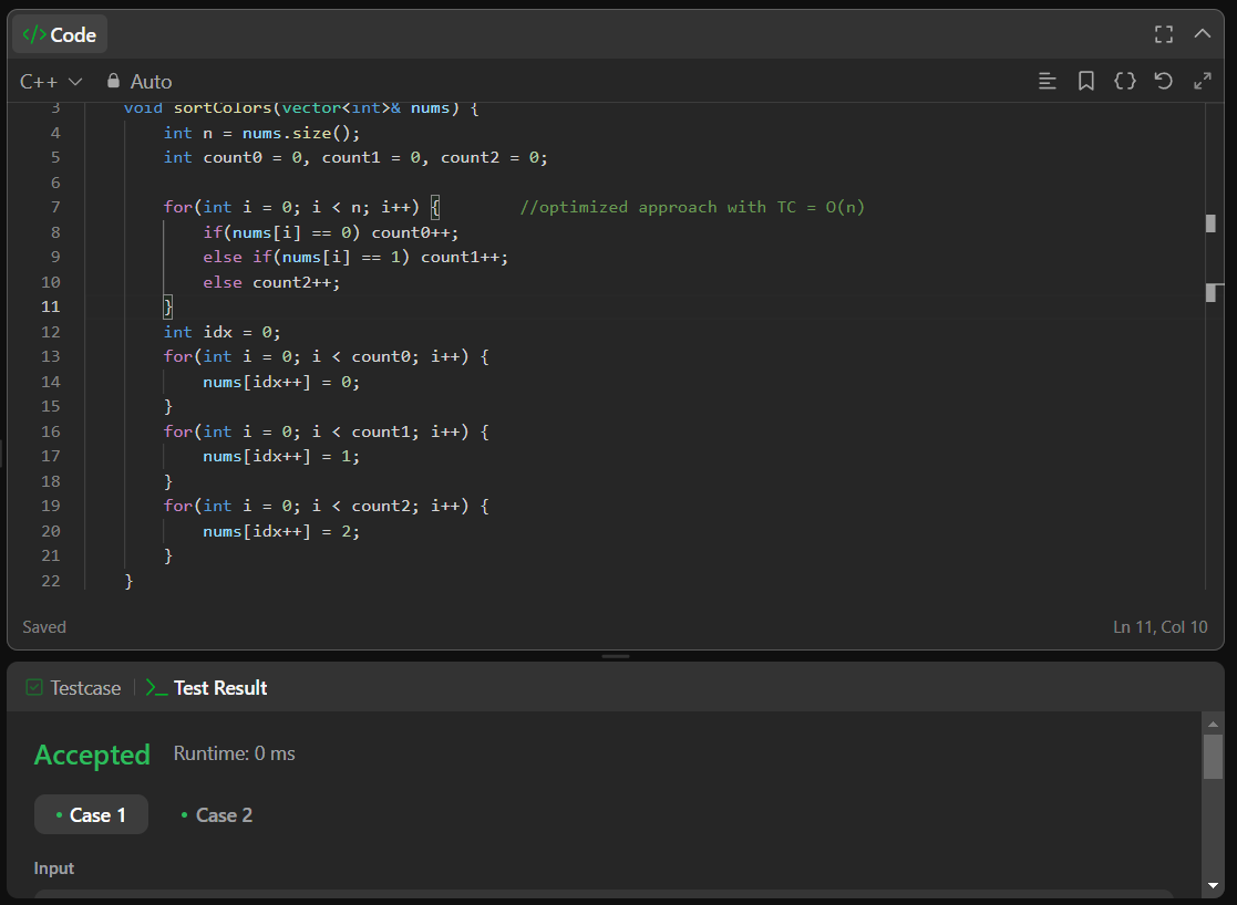 albion_codes's tweet photo. Day 21 of pursuing DSA
Solved LeetCode Problem No. 75- Sort Colors
1- Using counting sort (Two Pass Algo)
2- DNF (Dutch National Flag) Algo (One Pass Algo)
both having TC = O(n)
#DSA #LeetCode #CodingJourney #LearnInPublic #consistency https://t.co/GM4R17XeUU