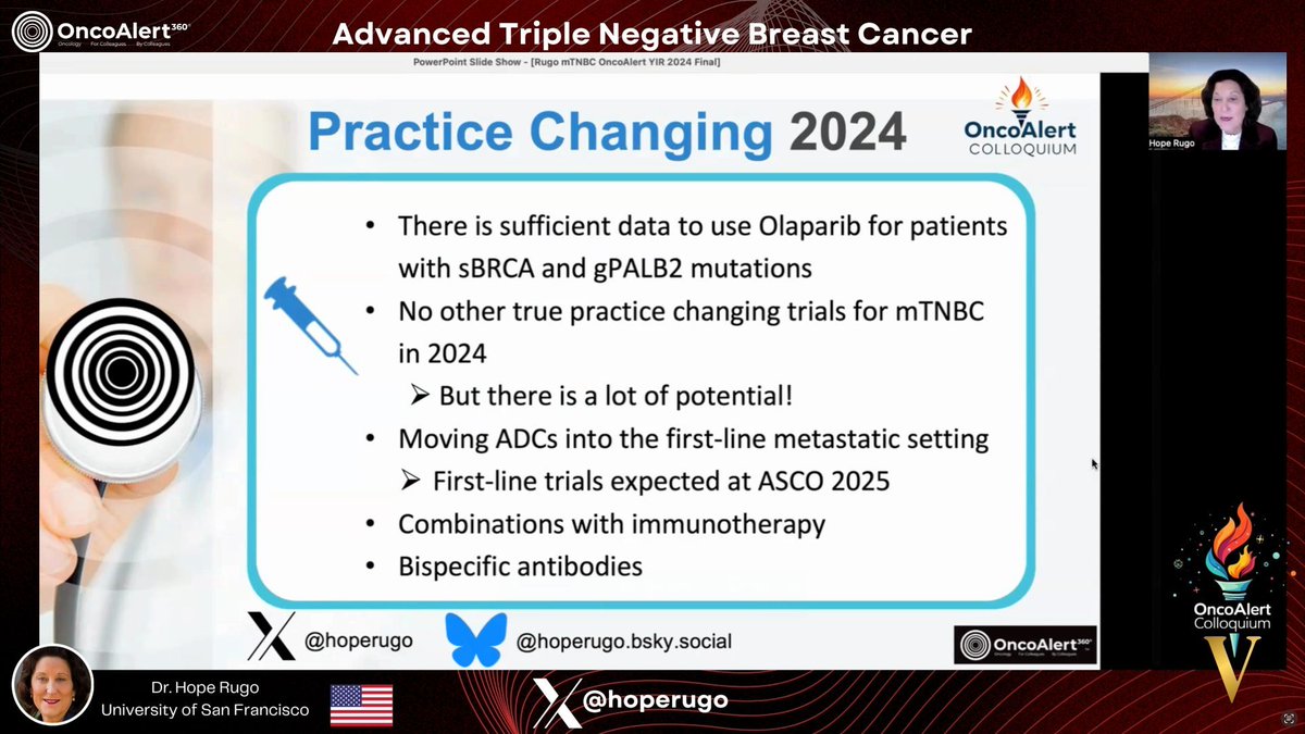 OncoAlert's tweet image. Day3⃣ #OncoAlertColloquium 🚨 #BreastCancer
REGISTER for FREE HERE👉 buff.ly/4aUryQA @hoperugo  🇺🇸 of UCSF Covering Advanced #TNBC : Year in Review REGISTER NOW for a Live chat with Dr. Rugo

In 2024, practice-changing data in triple-negative breast cancer (TNBC) supports