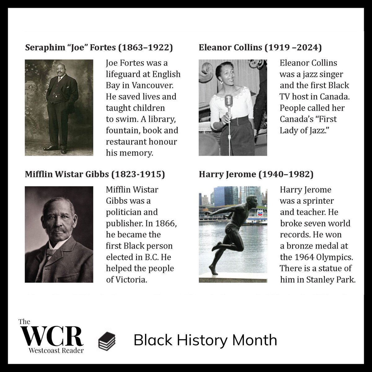 😃 February is Black History Month. 🎉We celebrate the contributions of Black Canadians. Here are some Black Canadians who lived in B.C. Their achievements made history.
Subscribe to the WCR at: thewestcoastreader.com/newspapers

#BHM2025 #BlackHistoryMonth #Newspaper #AdultLiteracy
