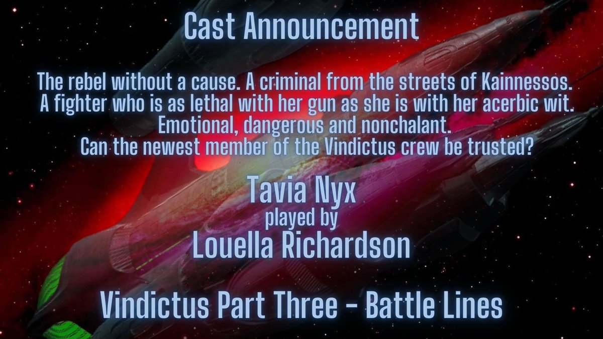 Vindictus Novel (@vindictusnovel) on Twitter photo Our first casting announcement for the new characters in Part 3 of the Vindictus audio series "Battle Lines" is that Vindictus co-author <a href="/greenelou/">Lou Richardson</a> is new crewmember Tavia Nyx in the upcoming release, can't wait to here Louella's take on the character! #Blakes7 Our first casting announcement for the new characters in Part 3 of the Vindictus audio series "Battle Lines" is that Vindictus co-author <a href="/greenelou/">Lou Richardson</a> is new crewmember Tavia Nyx in the upcoming release, can't wait to here Louella's take on the character! #Blakes7