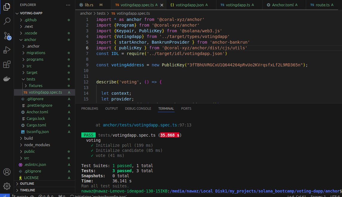 Md_ShujathNawaz's tweet photo. Today, I built some tests for my decentralized voting application on blockchain using Rust & Anchor and ran them successfully! β
Excited about the progress. On to the next step! π #Blockchain #RustLang #Anchor #Solana #Web3 #VotingDApp #Crypto https://t.co/Csun7wFsDb