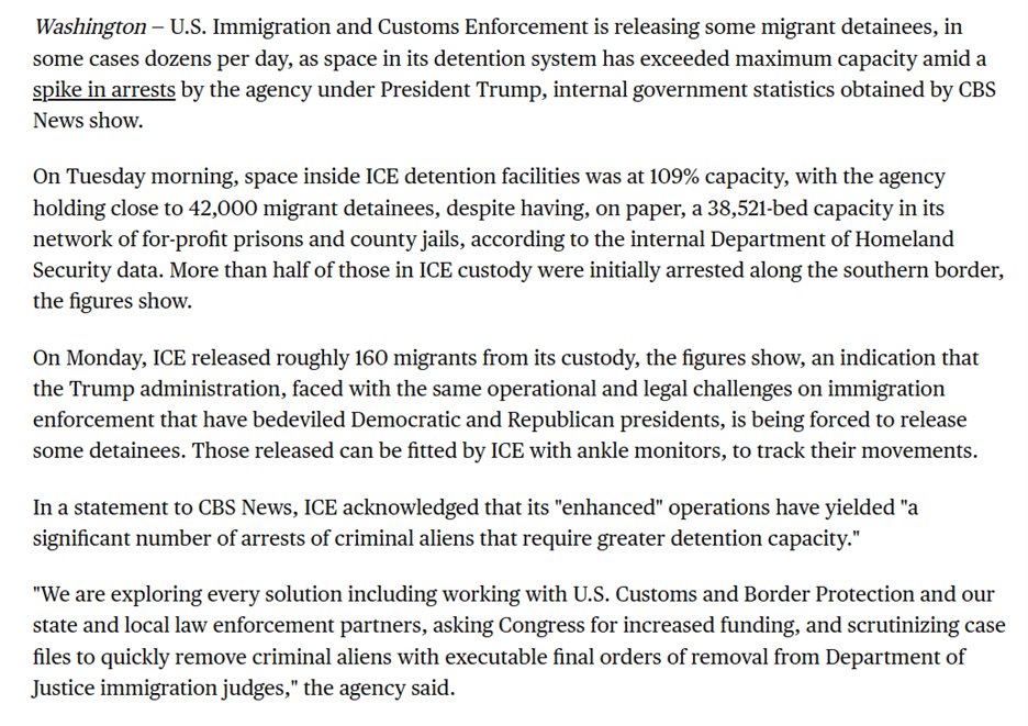 To recap our new reporting: 

ICE detention centers are now at 109% capacity amid the spike in arrests under Pres. Trump.

The agency is releasing some migrants. 160 in one day.

ICE is looking to dramatically expand detention space, considering using Border Patrol tent sites.