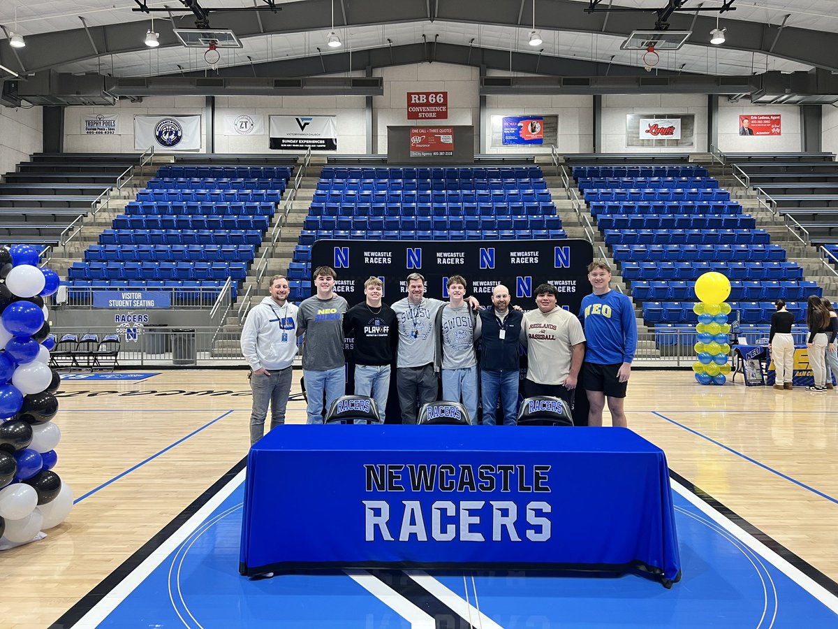 Congratulations to our Racers for signing today to play college athletics! 🖊️📄

Hunter Barry - NEO 
Trey Burchett - Missouri S&amp;T
Rex Heskew - Southwestern OSU
Taj Smith - Redlands CC (Baseball)
Ayden Elcyzyn - NEO

#RecruitRacers | #AllN 🏁🏁🏁🏁