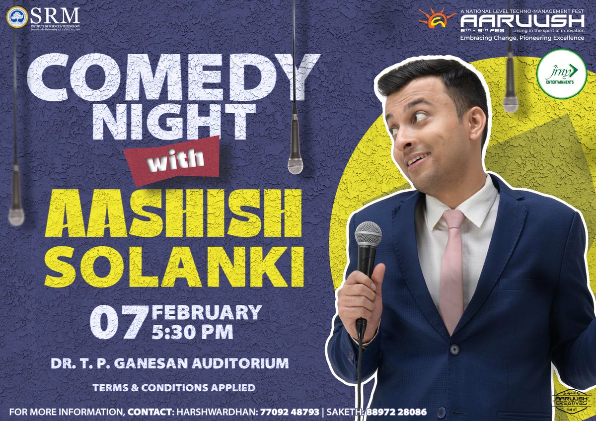 aaruushsrmist's tweet photo. We’re excited to announce that Aashish Solanki, aka the Roastmaster, will be performing live at the comedy night of Aaruush! Prepare yourselves for a night filled with laughter and side-splitting humour.😛
#Ashishsolanki #prettygoodroast #comedynite #cleancomedy #Aaruush #SRMIST https://t.co/cGluU6ou0E