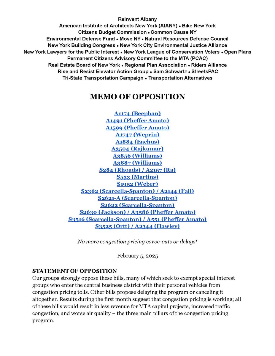 I have signed on to a memo of opposition exempting special interest groups who enter the central business district with their personal vehicles from paying congestion pricing tolls. Read the full memo here: