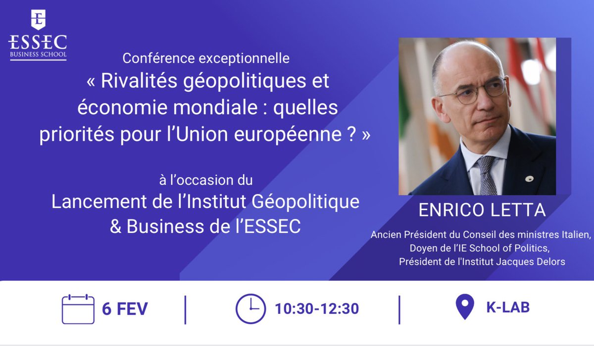 ESSEC IRENE (@essec_irene) on Twitter photo Lancement du nouvel Institut Géopolitique & Business de l’ESSEC : c’est demain !
Autour de M. Enrico Letta, président de l’Institut Jacques-Delors, auteur du rapport « Much more than a market », ancien président du Conseil italien.
<a href="/DelorsInstitute/">Jacques Delors Institute</a> #UE Lancement du nouvel Institut Géopolitique & Business de l’ESSEC : c’est demain !
Autour de M. Enrico Letta, président de l’Institut Jacques-Delors, auteur du rapport « Much more than a market », ancien président du Conseil italien.
<a href="/DelorsInstitute/">Jacques Delors Institute</a> #UE