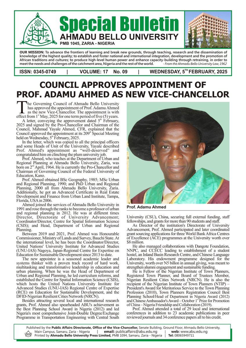 Council approves appointment of Prof. Adamu Ahmed as New Vice Chancellor