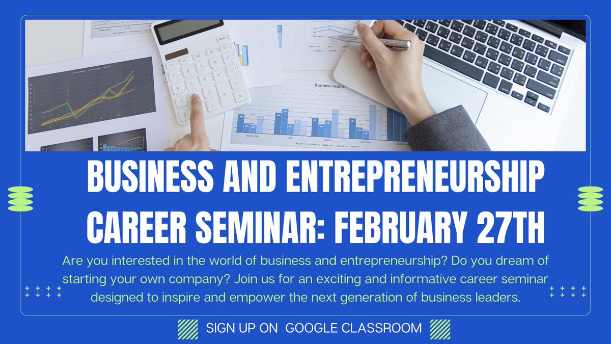 Attention students interested in business and entrepreneurship! Join us on February 27th to hear from two successful business leaders who will share their expertise. Register on Google Classroom today! #business #entrepreneurship