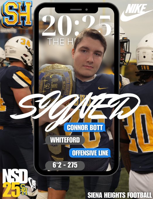 Ottawa Lake Whiteford 2025 DT/OT Connor Bott has signed with Siena Heights

football.thedzone.com/players/connor…

<a href="/Connorb_70/">Connor Bott</a> <a href="/WhitefordStuSec/">The Pride</a> <a href="/SienaHeightsFB/">Siena Heights University Football</a>
