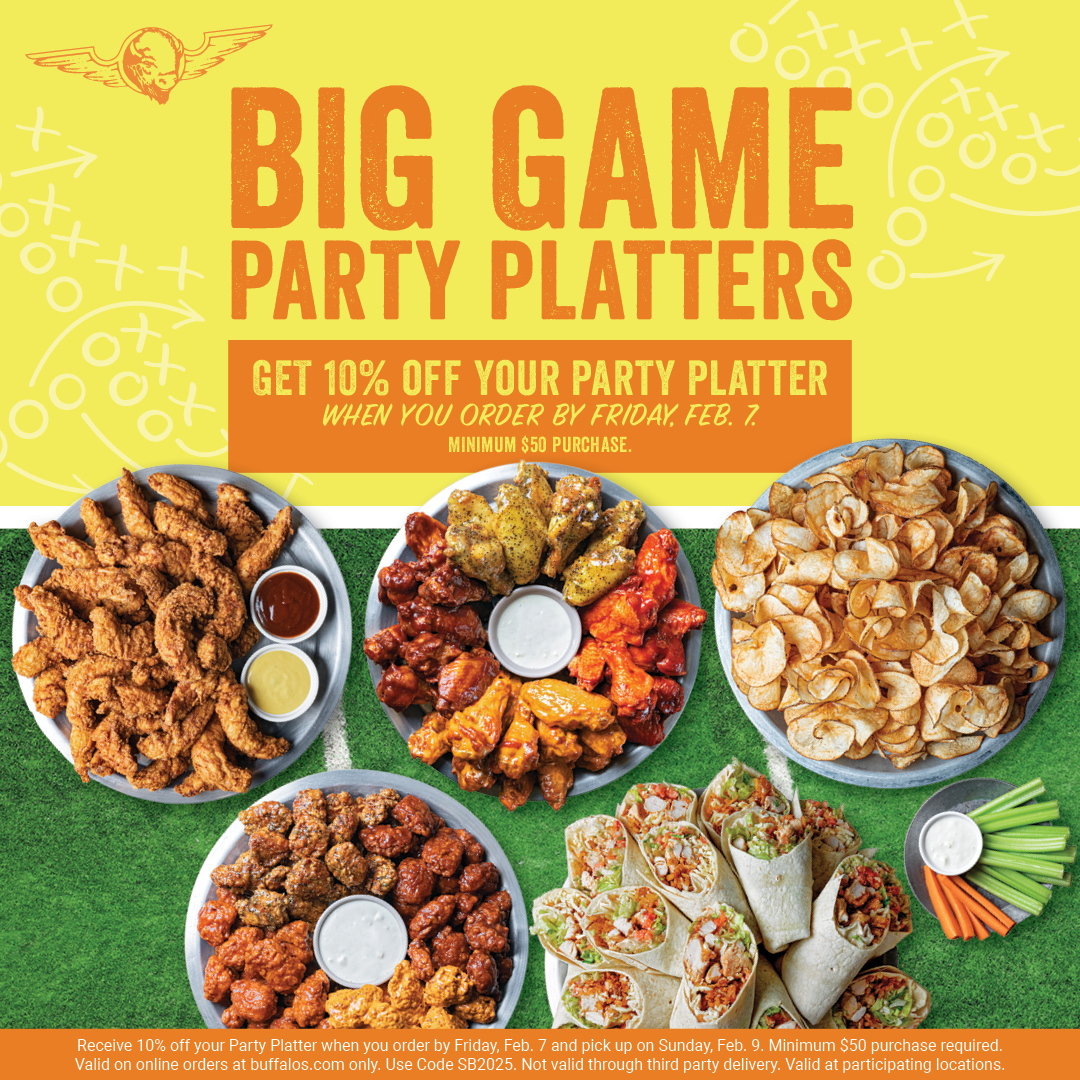 buffalos_cafe's tweet photo. Football fuel 🏈 Order a platter for your big game watch party 😉 

Receive 10% off your Party Platter when you order by February 7 &amp; pick up on February 9. Minimum $50 purchase required. Valid on online orders only at participating locations. Use code SB2025. https://t.co/f4VvFmnBpv
