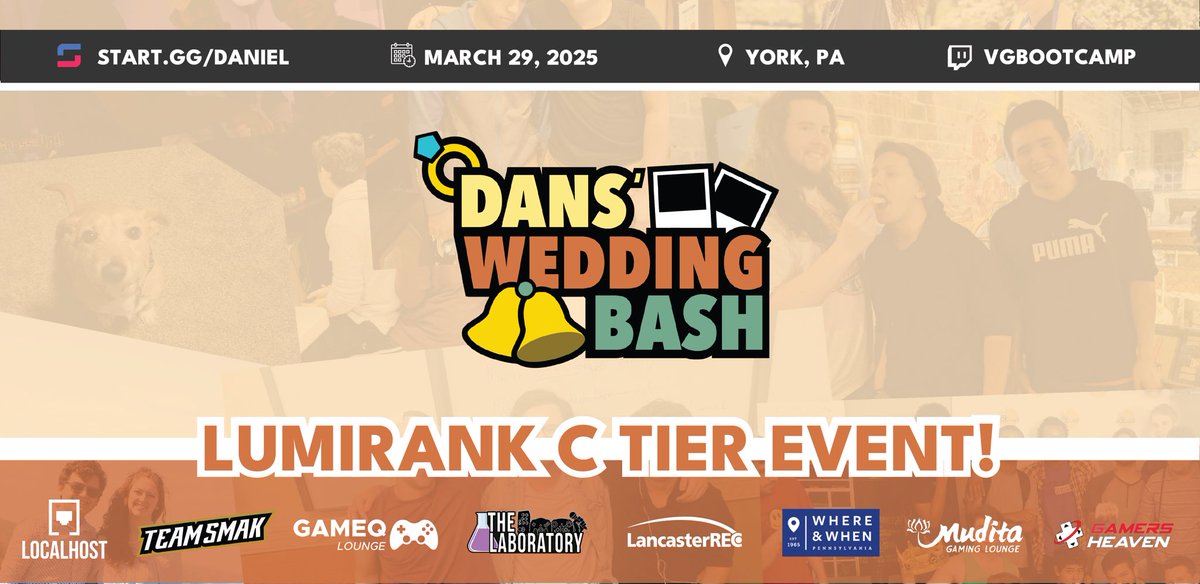 DanTheManWitTan's tweet photo. 🚨Wedding Bash Update🚨

Dan’s Wedding Bash is officially a Lumirank C TIER EVENT! 

YOU can be a part of the Ultimate or Rivals 2 action by registering with the links below this tweet ⬇️

Late reg ends Feb 28th so don’t miss out!

🗓️March 29
📍York, PA
🎟️ Startgg/daniel https://t.co/CNsKh4mFnJ