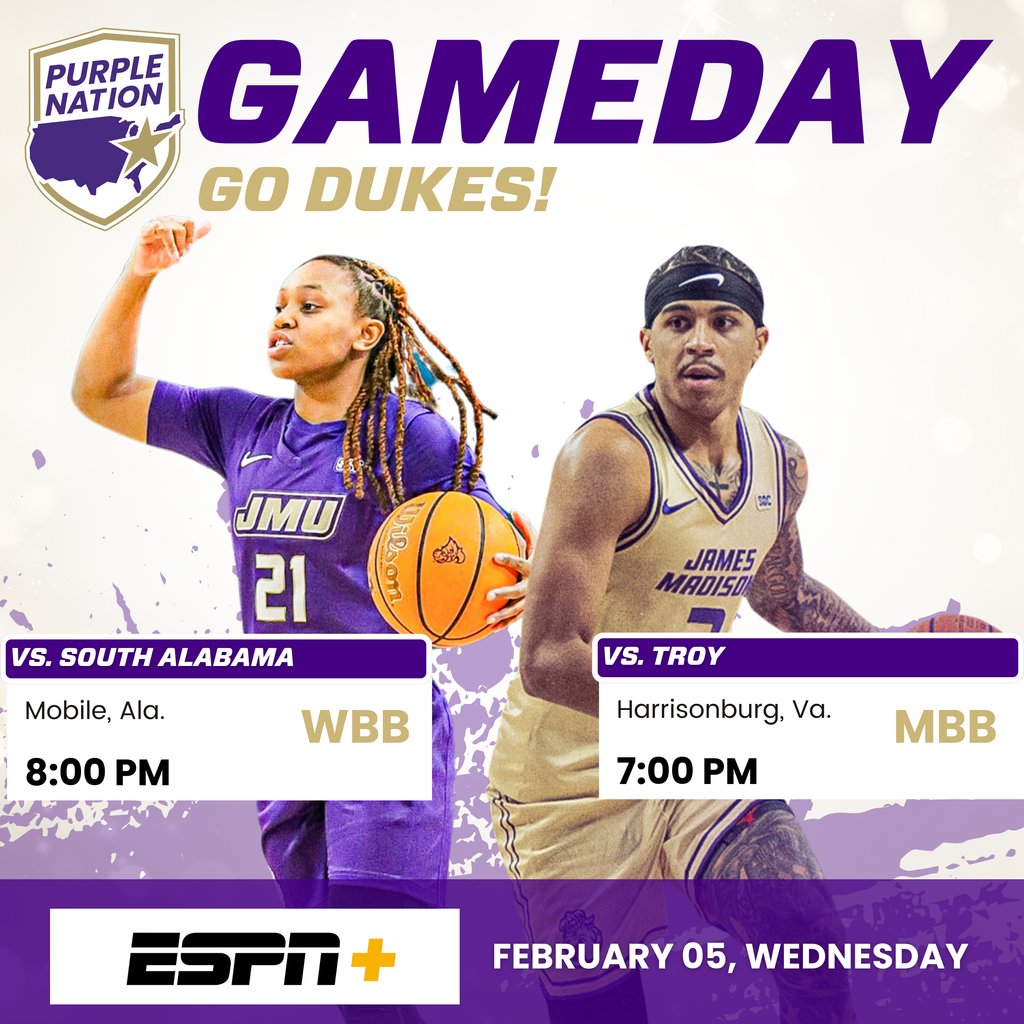 yourpurplestore's tweet photo. ๐ GAMEDAY ALERT ๐
It's time to cheer on our Dukes! ๐๐
WBB: JMU takes on South Alabama in Mobile, Ala. at 8:00 PM.
MBB: JMU faces Troy in Harrisonburg, Va. at 7:00 PM.
๐บ Catch all the action live on ESPN+!
#jmu #jmudukes #GoDukes #jmualumni #jmufootball #paintedtree https://t.co/5CPdtZYrfL