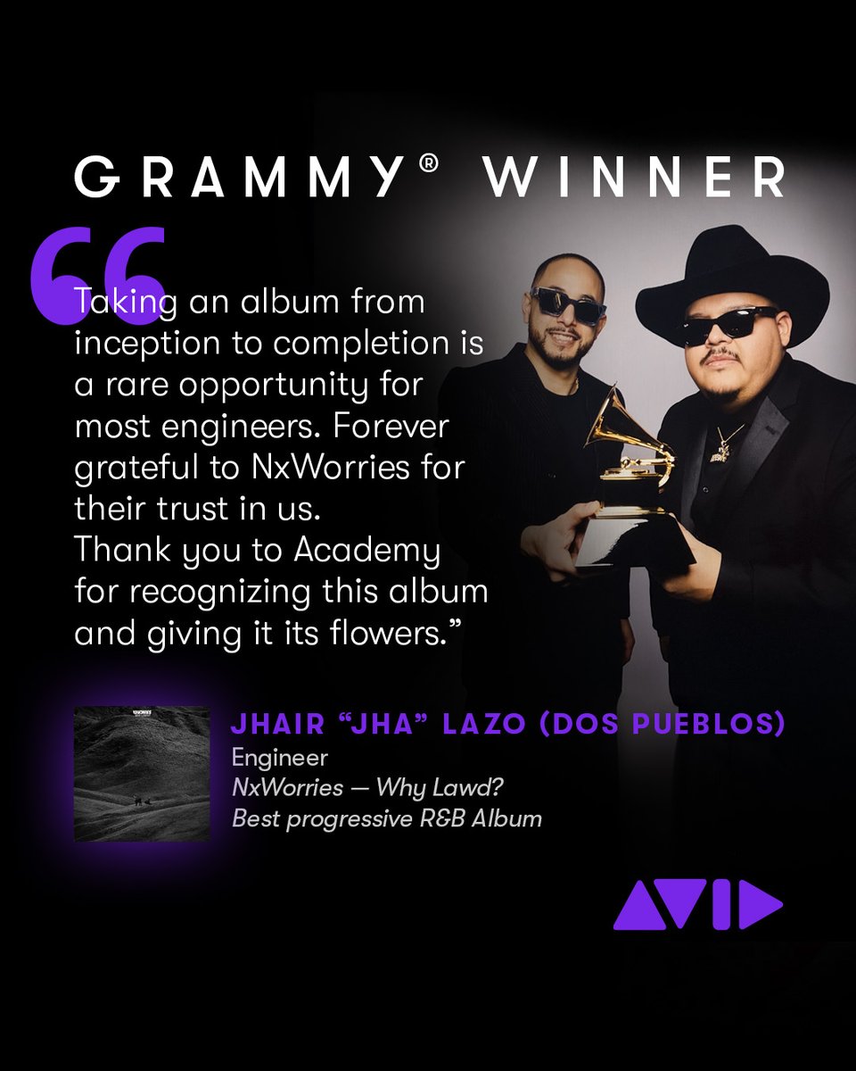 AvidProTools's tweet photo. 🎶 Congrats to GRAMMY winner Jhair “Jha” Lazo (Dos Pueblos), engineer for NxWorries “Why Lawd?” (Best Progressive R&B Album)
▶️ https://t.co/LNIgmkN0JV
#grammys #whylawd #nxworries #grammywinner #protools #musicproduction #avid #daw https://t.co/AevbhiVdSO