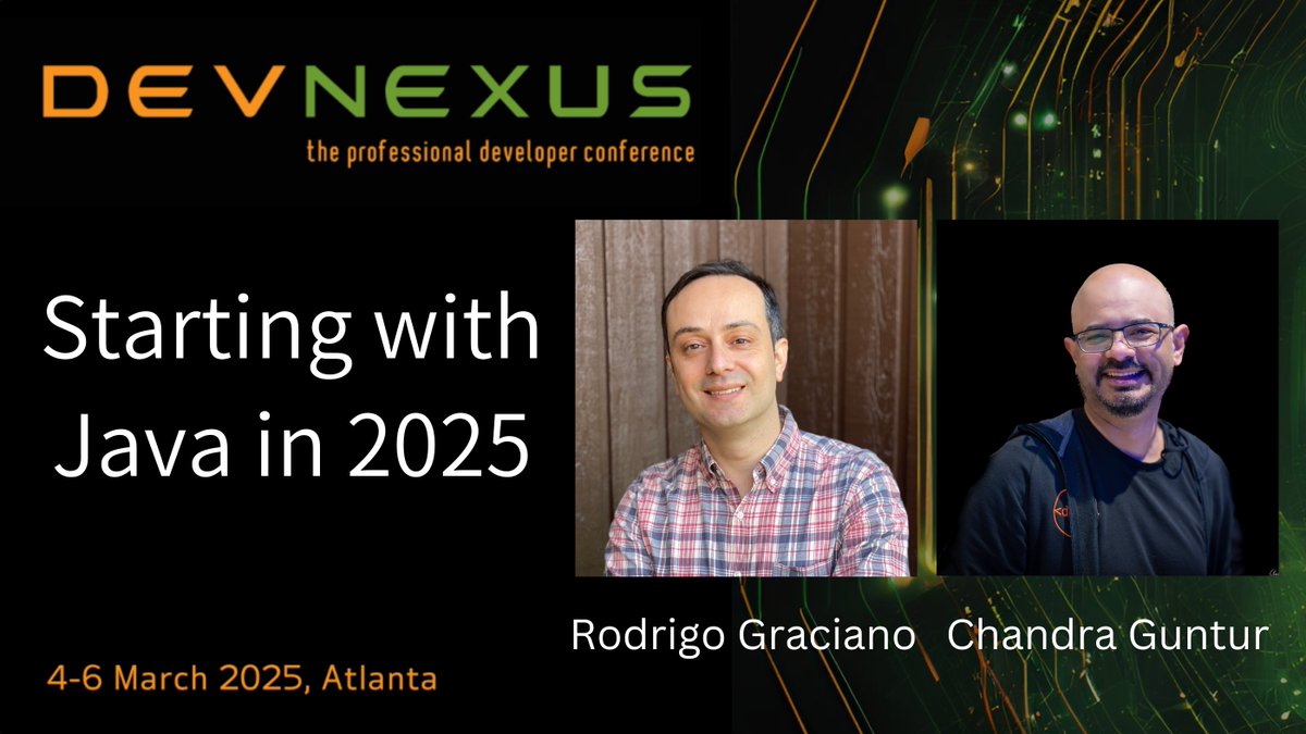 Atlanta Java Users Group (@atlantajug) on Twitter photo Don't miss <a href="/rodrigograciano/">Rodrigo Graciano</a> & @cguntur's session at Devnexus, where they will will demo how easy is to start with Java in 2025 and showcase the amazing features available to developers! ✨
devnexus.com/presentations/…
🎟️- @ Devnexus.com
👀- Use X100OFF for a discount! Don't miss <a href="/rodrigograciano/">Rodrigo Graciano</a> & @cguntur's session at Devnexus, where they will will demo how easy is to start with Java in 2025 and showcase the amazing features available to developers! ✨
devnexus.com/presentations/…
🎟️- @ Devnexus.com
👀- Use X100OFF for a discount!