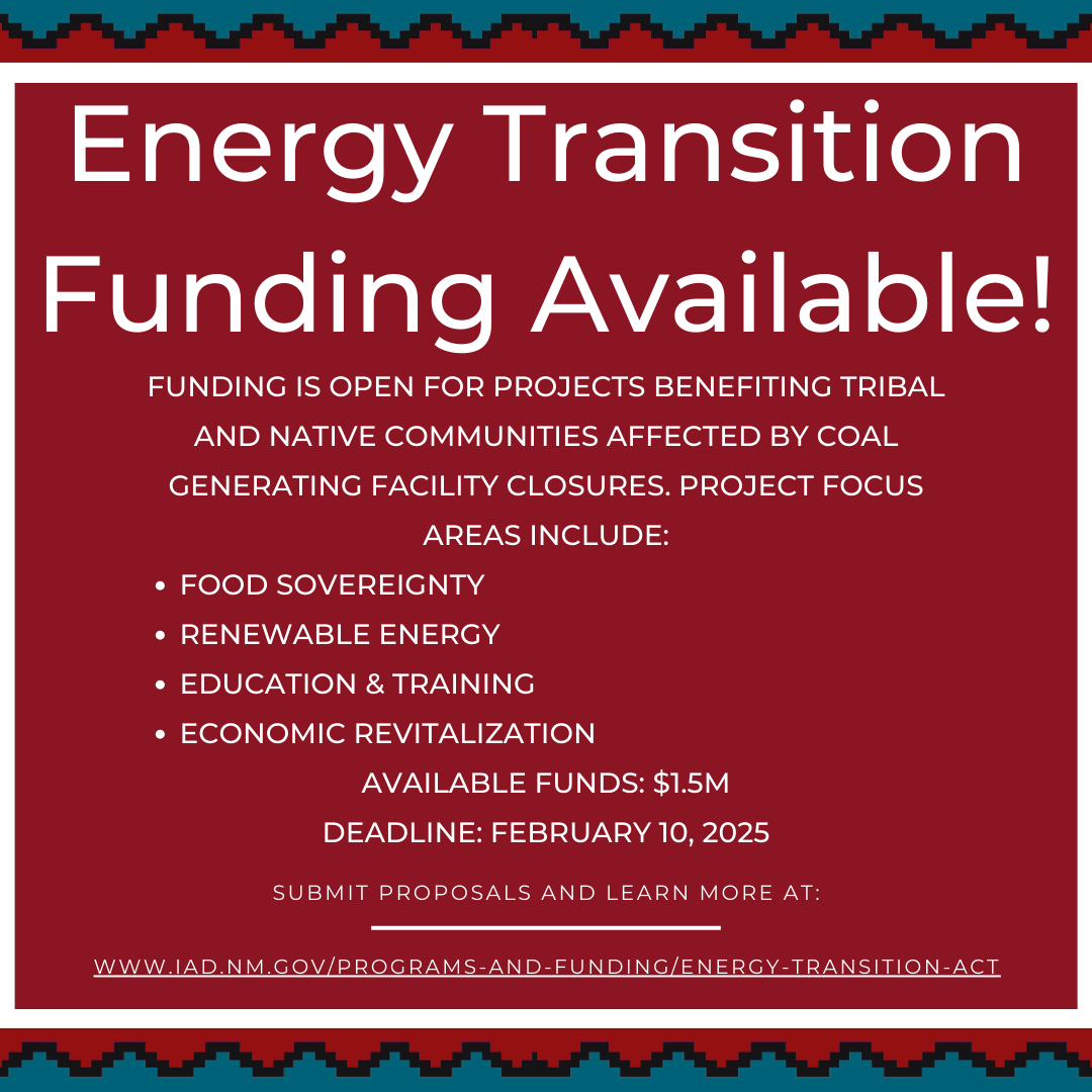 Energy Transition Funding Available!

Available Funds: $1.5M
Deadline: February 10, 2025
Submit proposals and learn more at:

iad.nm.gov/programs-and-f…

Invest in your community’s future. 
Apply now!