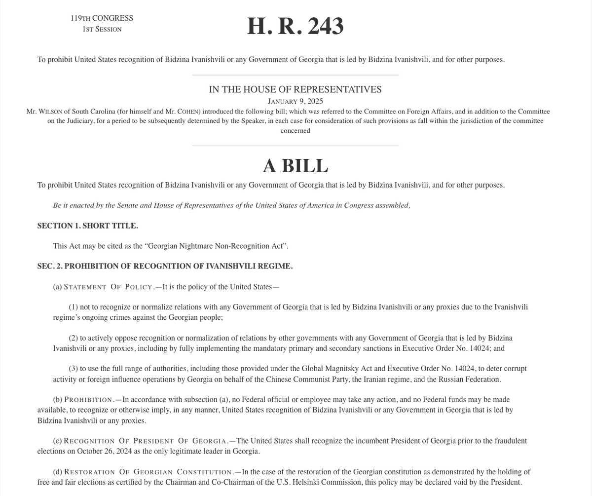 🇬🇪AMERICANS, TAKE A STAND FOR DEMOCRACY! 
Georgia’s pro-Western dream is being strangled by a Russian puppet regime. The Ivanishvili government has hijacked the country, crushed opposition, and abandoned the West and handed Georgia to Iran and China.
H.R. 243 ensures the U.S.