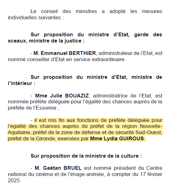 nicolasberrod's tweet photo. Accusée de "management toxique" et d'être à l'origine d'un "risque suicidaire avéré" parmi des agents, visée par une procédure de licenciement, Lydia Guirous est éjectée de son poste de préfète déléguée à l’égalité des chances en Gironde.

(Compte-rendu du conseil des ministres)