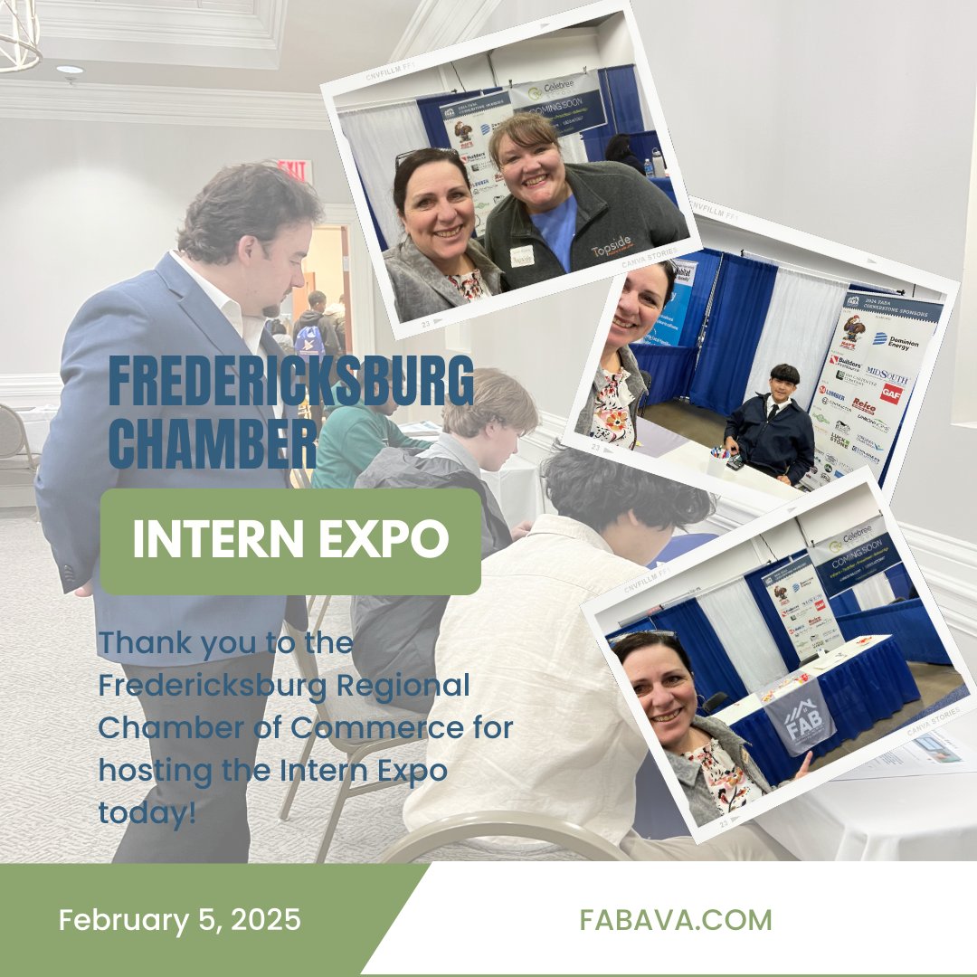 FredBuilderFABA's tweet photo. Thank you to the Fredericksburg Regional Chamber of Commerce for hosting the Intern Expo at the Fredericksburg Convention Center! FABA had a great time attending. 

#FABA #FredericksburgChamber #FredericksburgAreaBuildersAssociation #InternExpo #TheNextGeneration https://t.co/xezSG9OHaw