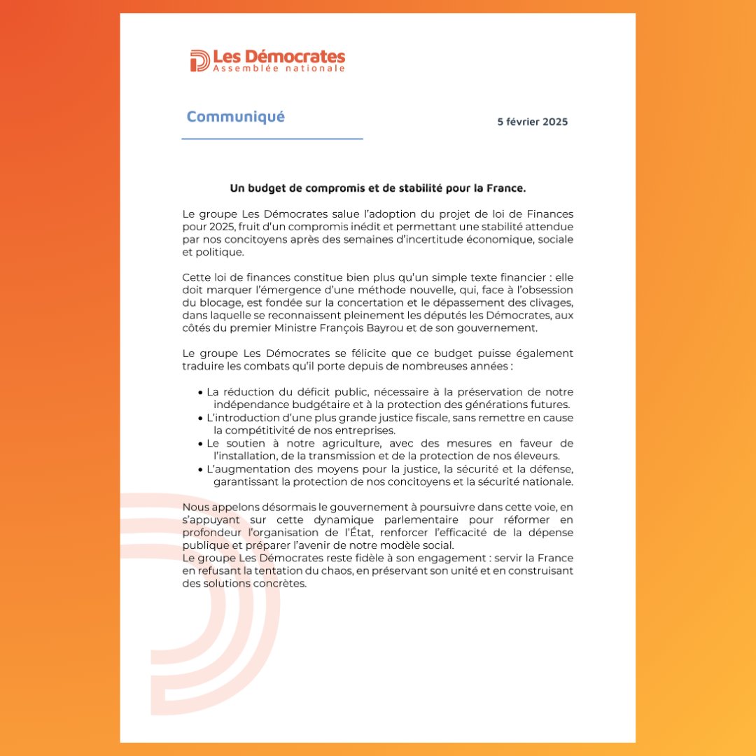 📣 Un budget de compromis et de stabilité pour la France. 

Retrouvez le communiqué du groupe Les Démocrates, saluant l'adoption du Projet de loi de Finances pour 2025.