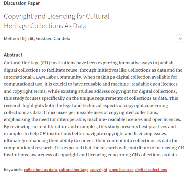 up_johd's tweet photo. #johdpapers
Our latest #discussionpaper is "Copyright and Licencing for Cultural Heritage Collections As Data" by @MeltemDisli and Gustavo Candela 🌟
Check it out at https://t.co/J5NNvuZE2w
#DigitalCollections #copyright #OpenLicence https://t.co/GotUkywu9v