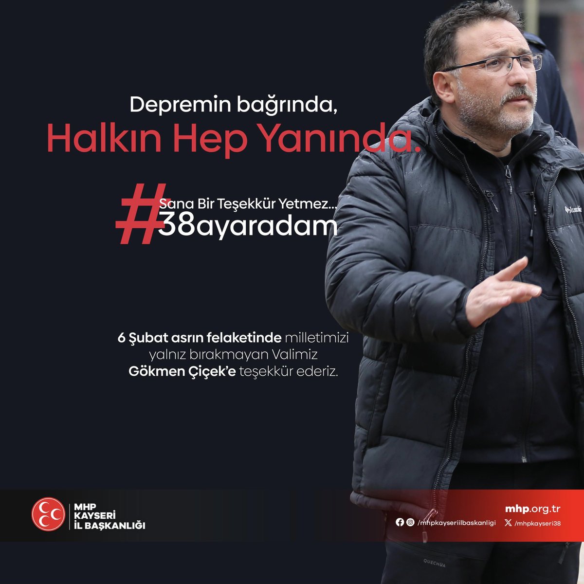 O, milletin en zor anında sahada olan adam; Valimiz Sn. Gökmen Çiçek.

6 Şubat 2023. Acının en derinden hissedildiği o gün, halkının yanından hiç ayrılmadı.

Depremin bağrında, halkın hep yanında olan Sn. Valimize sonsuz minnet, deprem şehitlerimize rahmetle.🤲🏻
#38ayaradam