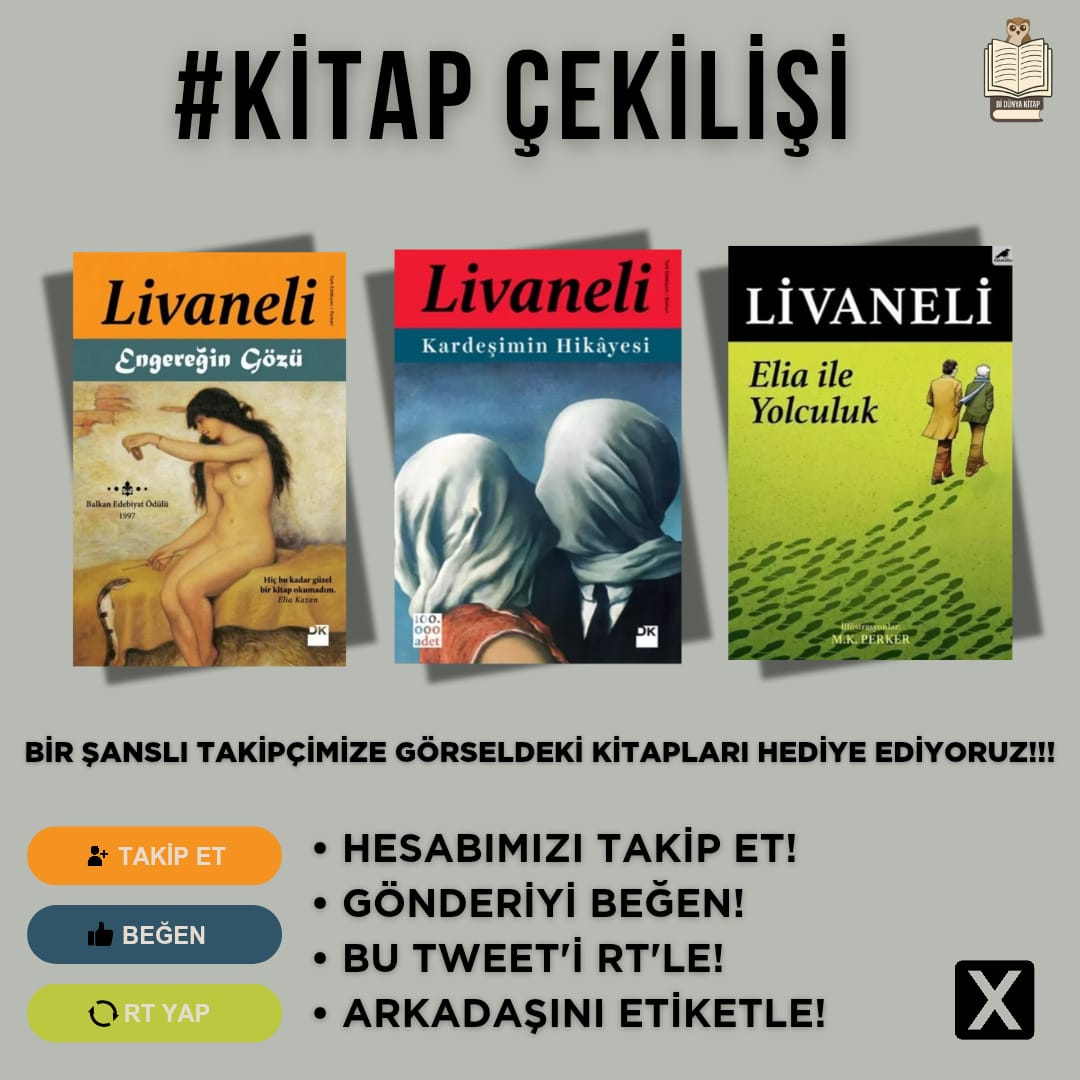 Merhaba Sevgili Okurlar!

Sayfamızı takip eden, bu gönderiyi beğenen, paylaşan ve yorumlara "Arkadaşını etiketleyen" bir takipçimize Zülfü Livaneli seti hediye ediyoruz.🥳 Katılım için son tarih 12.02.2025

Kitaplarla kalın!

#bidunyakitap #çekiliş
<a href="/dogankitap/">Dogan Kitap</a> <a href="/KaraKargaYayin/">KaraKarga Yayınları</a>