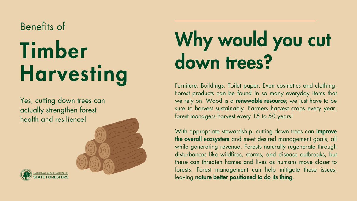 StateForesters's tweet photo. Well-managed timber harvests can create essential products, improve forest health, and protect our resources for the future. Foresters choose a harvesting method based on factors like overall management goals, wildlife conservation, native species retention, and more. https://t.co/AHH2Lr24wQ