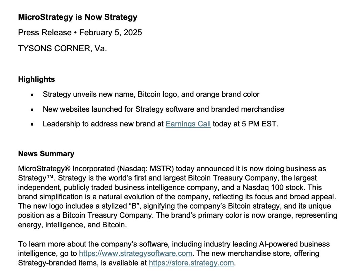 BitcoinMagazine's tweet image. JUST IN: Michael Saylor's MicroStrategy has rebranded to Strategy.

"Strategy is the world’s first and largest Bitcoin Treasury Company"