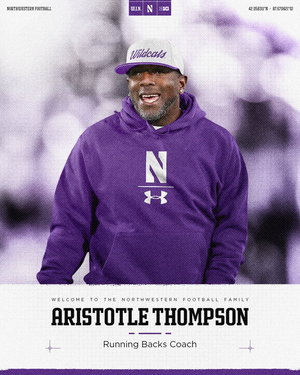 Northwestern Football (@nufbfamily) on Twitter photo Welcome to the Family, <a href="/CoachAT23/">Aristotle Thompson</a> 🤝
Aristotle Thompson joins Northwestern Football as our Running Backs Coach! Welcome to the Family, <a href="/CoachAT23/">Aristotle Thompson</a> 🤝
Aristotle Thompson joins Northwestern Football as our Running Backs Coach!