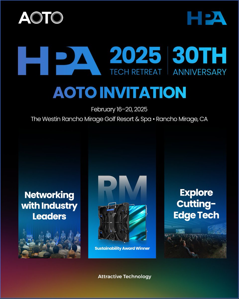 AOTOElectronics's tweet image. 🎬 HPA Tech Retreat: 2 Weeks Out!

Spot #AOTO panels on the main wall &amp;amp; Innovation Zone—including our Sustainability Award-winning RM 1.5E. 🔥

Next-gen display tech for film &amp;amp; TV is here. See you in Rancho Mirage! 👀

#HPA2025 #LEDInnovation #SustainableTech