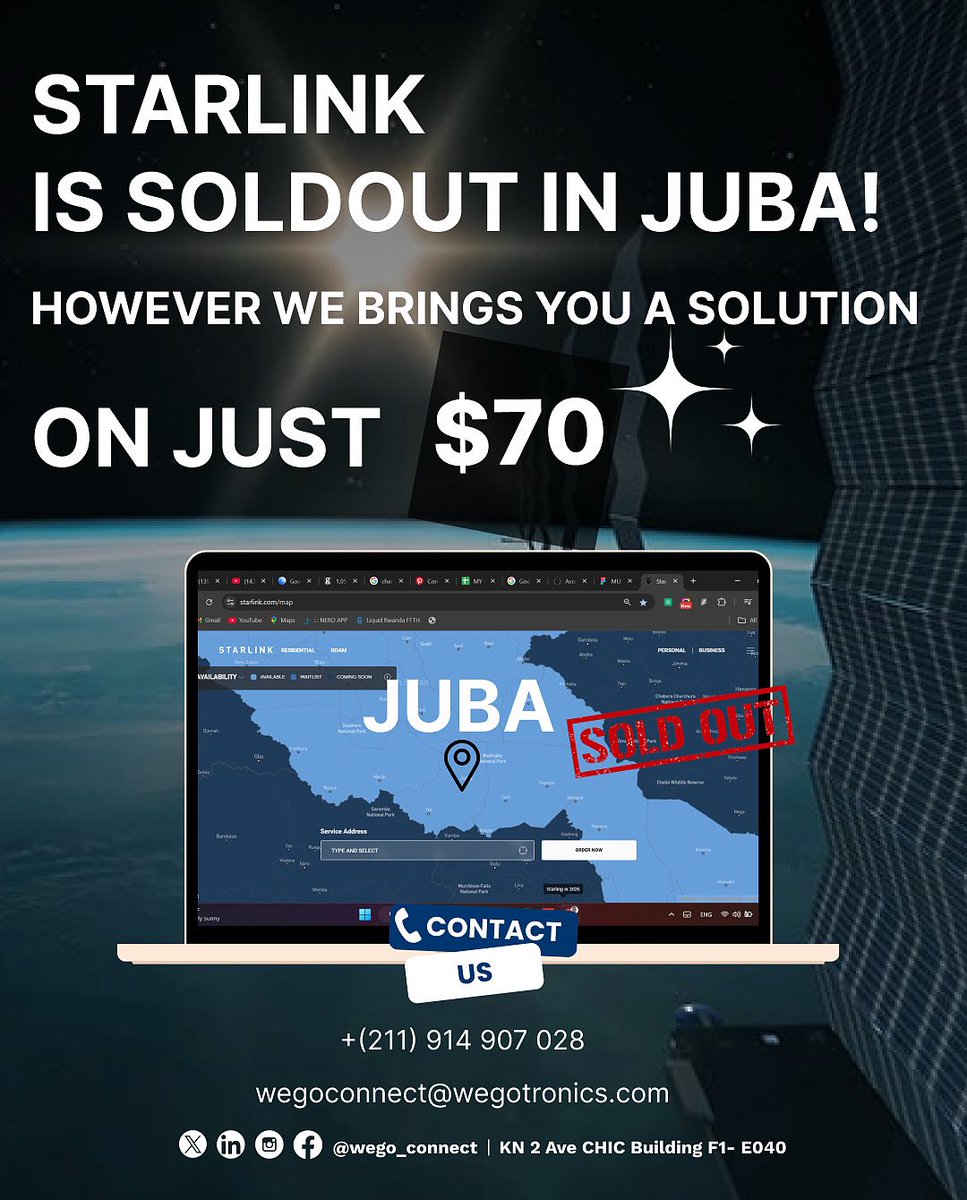 Starlink is sold out in Juba, but we have a solution for just $70!

We can help you with the following issues:
1.Unable to change the location of your Starlink.
2.Unable to order a new Starlink.
3.Any other problems related to Starlink internet.