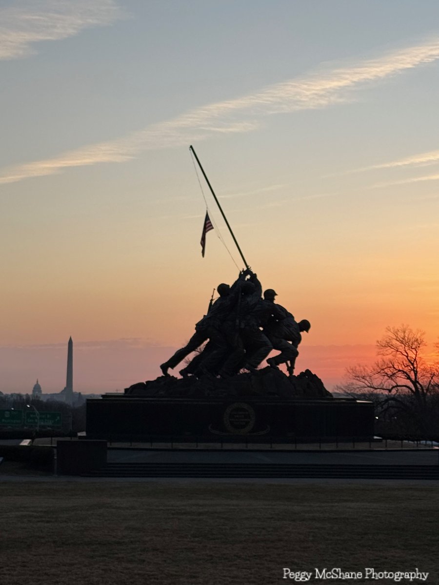 An Iwo Jima Memorial Sunrise on a February morning. Photographing this iconic Arlington, Virginia memorial is a great vantage point into DC since the trees are bare. It was worth the early morning activity for my day. #dcwarmemorial #WashingtonDC #IwoJimaMemorial #ArlingtonVA
